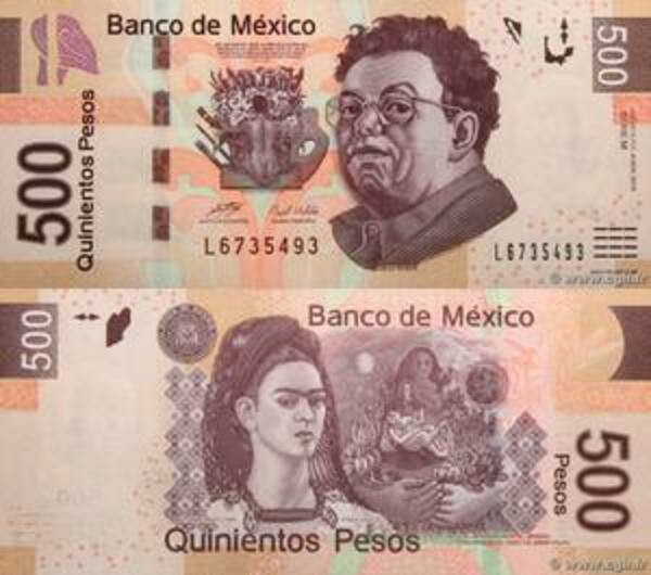
500 pesos mexicains, série F représentant Frida Kahlo d’un côté et Diego Rivera de l’autre, en circulation de 2010 à 2018