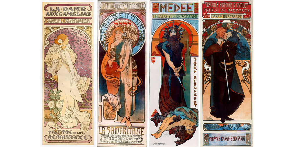 Affiches des pièces La Dame aux Camélias en 1896, La Samaritaine en 1897, Médée en 1898 et Hamlet en 1899