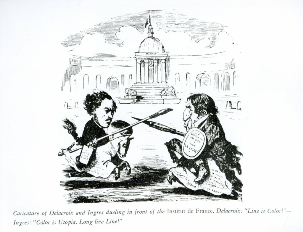 Caricature de Delacroix et Ingres en duel devant l’Institut de France, Charles-Albert Bertall, vers 1828